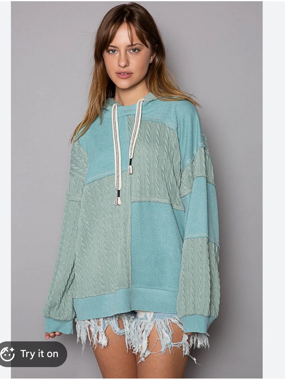 POL Patchwork Hooded Sweater Sage Teal M - Picture 1 of 7